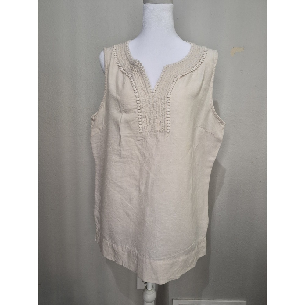 Talbots Linen Blend  Sleeveless Top Size L Beige Embroidered Coastal Cruise